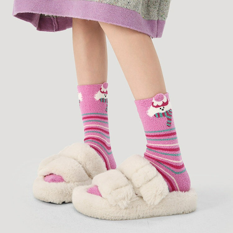 3 Pairs Coral Fleece Pink Colorful Socks