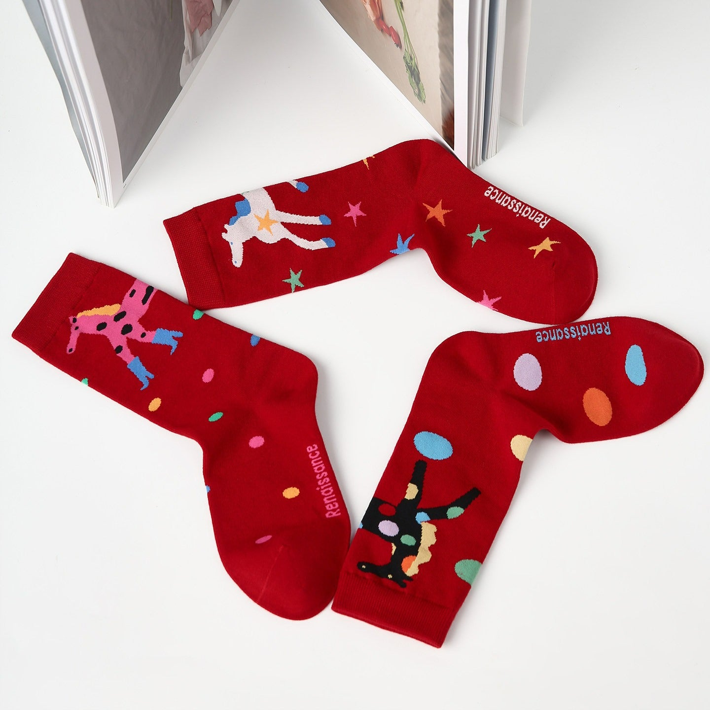 3 Pairs Colorful Horse Red Socks