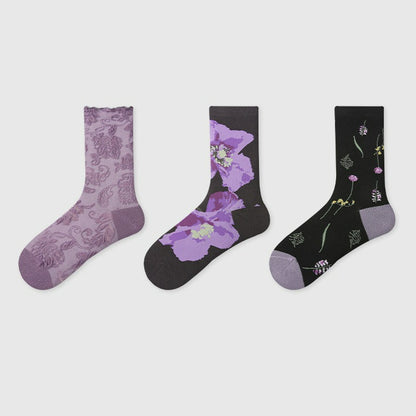 3 Pairs Vintage Flower Purple Socks