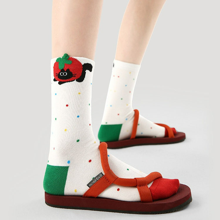 3 Pairs Red Series Colorful Cotton Mid Socks