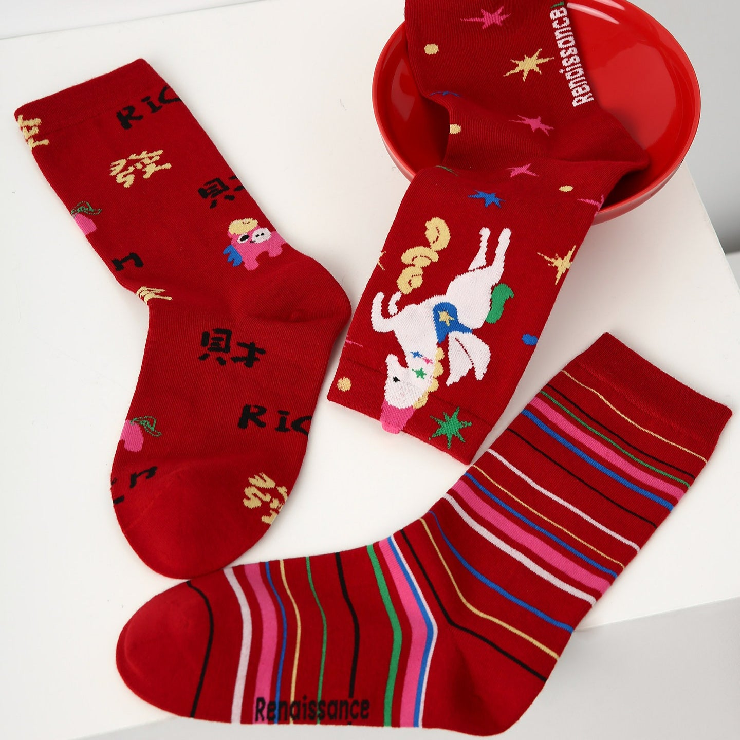 3 Pairs New Year Red The Horse Socks