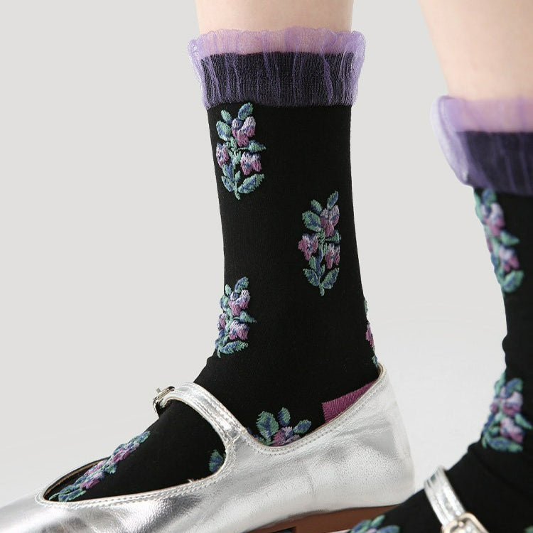 3 Pairs Jacquard Lace Socks Retro Cotton Socks