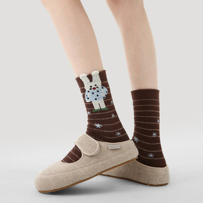 3 Pairs Thickened Coral Fleece Cute Cartoon Striped Socks