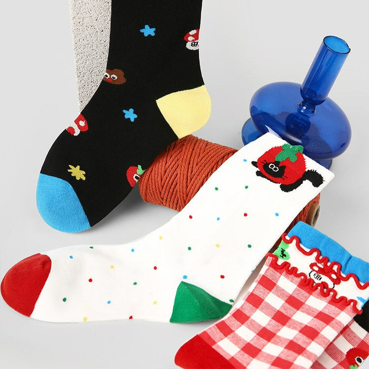 3 Pairs Red Series Colorful Cotton Mid Socks