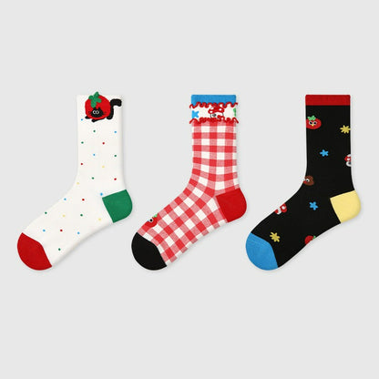 3 Pairs Red Series Colorful Cotton Mid Socks