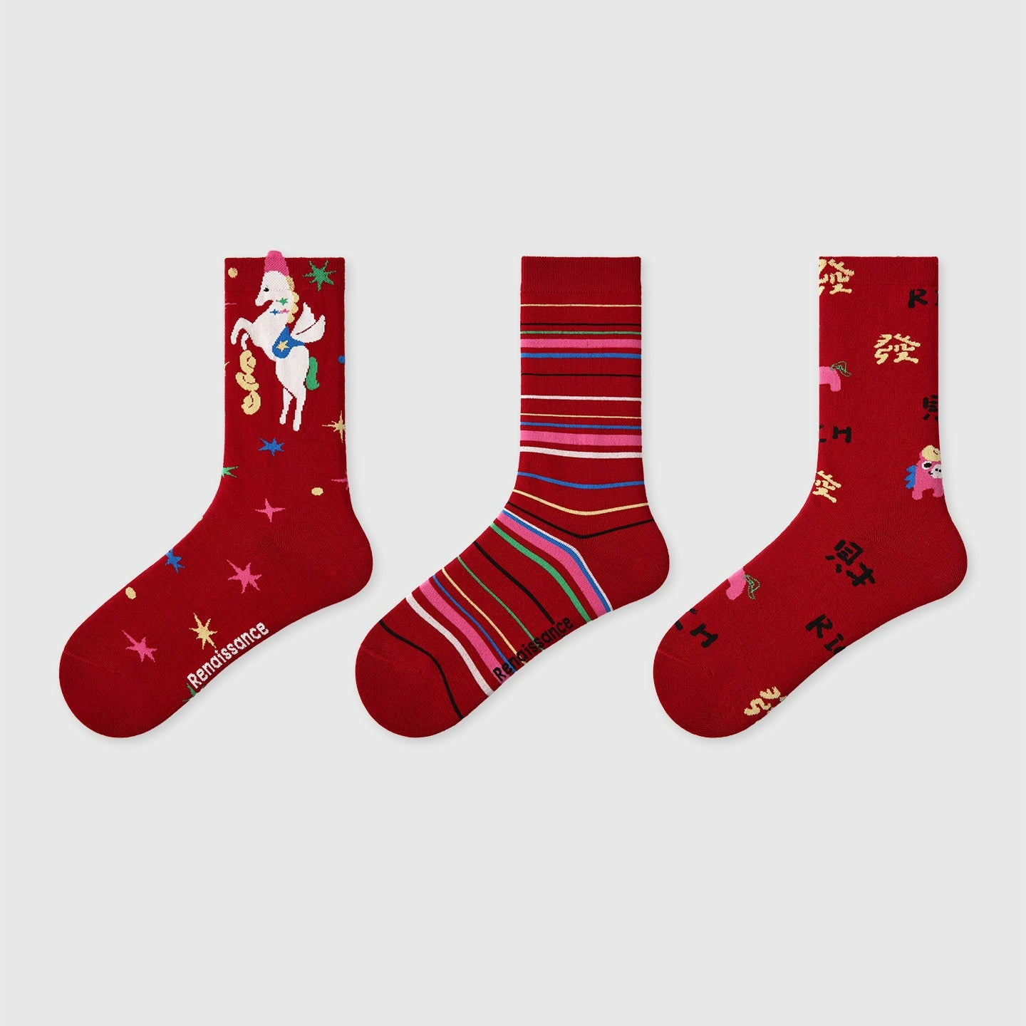 3 Pairs New Year Red The Horse Socks