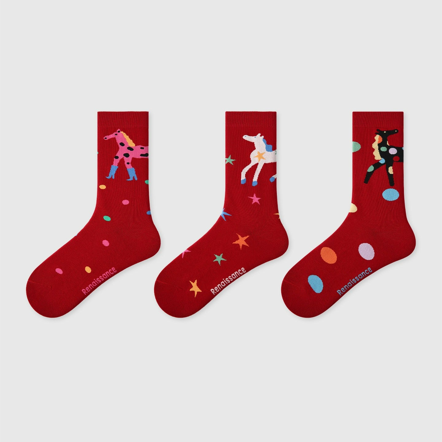 3 Pairs Colorful Horse Red Socks