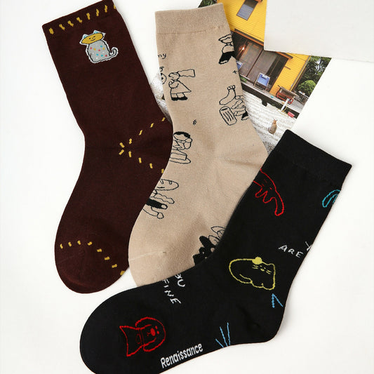 3 Pairs Cartoon Doodle Pattern Socks