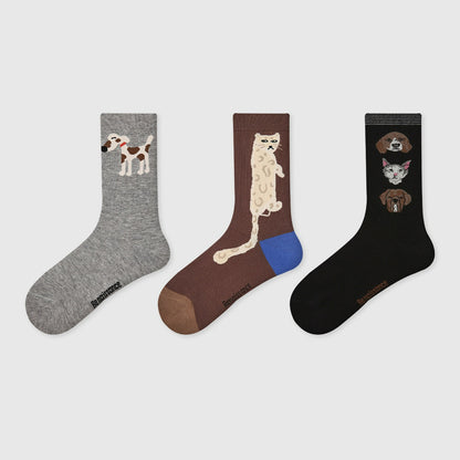 3 Pairs Cat Dog Cartoon Cute Socks