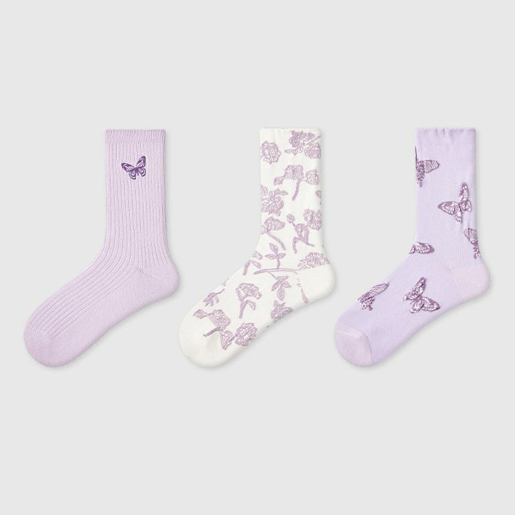 3 Pairs Butterfly Purple Socks
