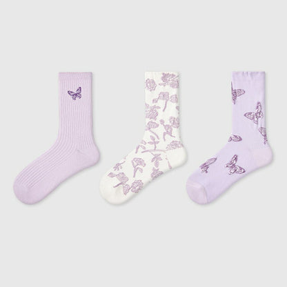 3 Pairs Butterfly Purple Socks
