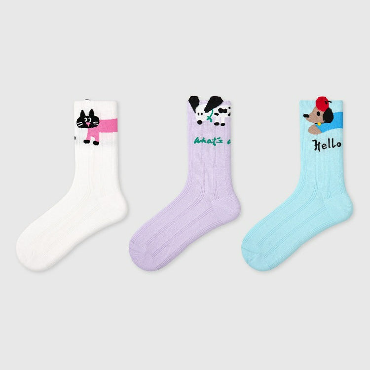3 Pairs Cartoon Cat Dog Cute Socks