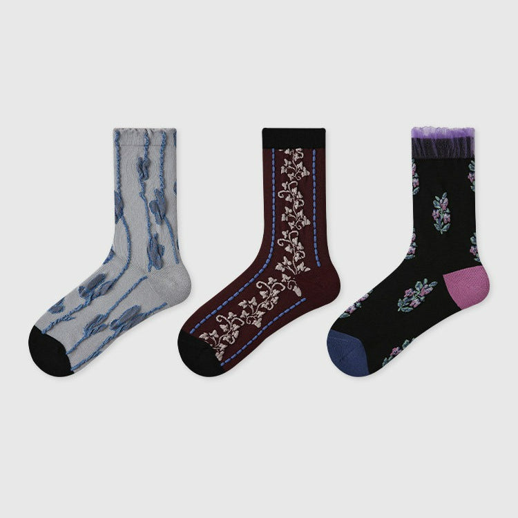 3 Pairs Jacquard Lace Socks Retro Cotton Socks