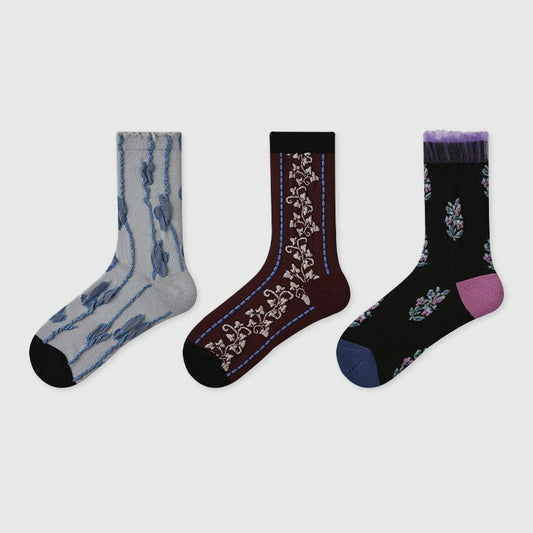 3 Pairs Jacquard Lace Socks Retro Cotton Socks