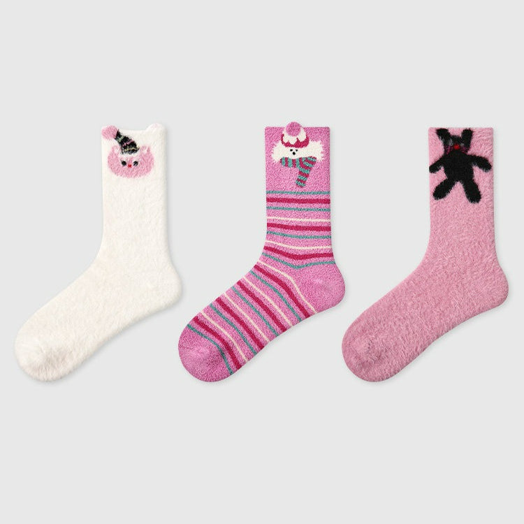 3 Pairs Coral Fleece Pink Colorful Socks