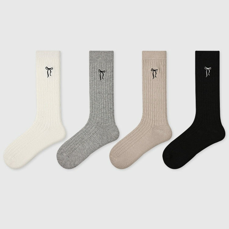 4 Pairs Solid Color Bow Cotton Socks