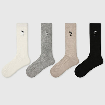 4 Pairs Solid Color Bow Cotton Socks