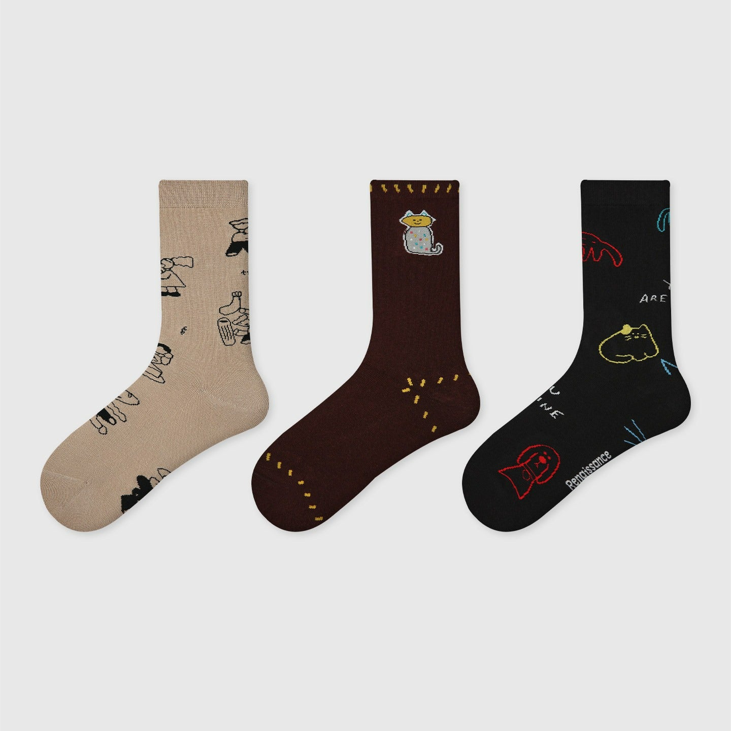 3 Pairs Cartoon Doodle Pattern Socks