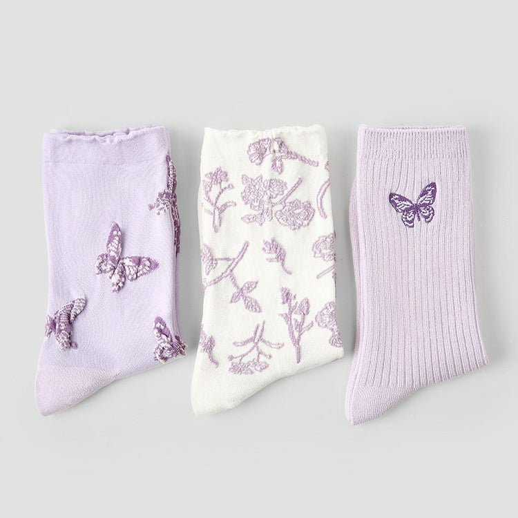 3 Pairs Butterfly Purple Socks