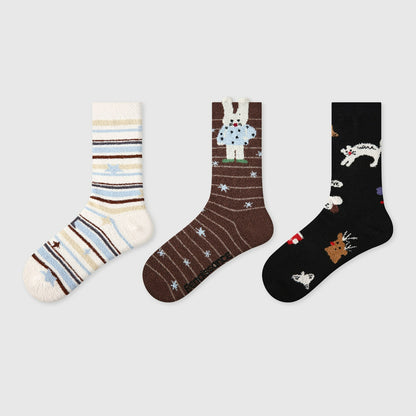 3 Pairs Thickened Coral Fleece Cute Cartoon Striped Socks