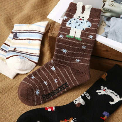 3 Pairs Thickened Coral Fleece Cute Cartoon Striped Socks