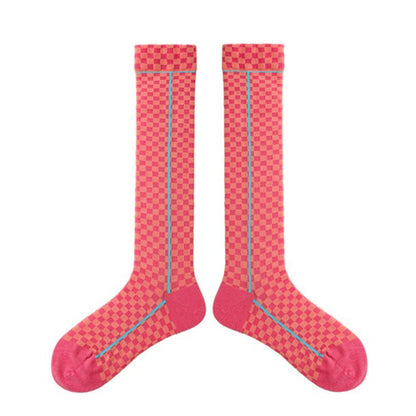 1 Pair Diamond Trend Long Tube Socks  Plaid Retro Cotton Socks